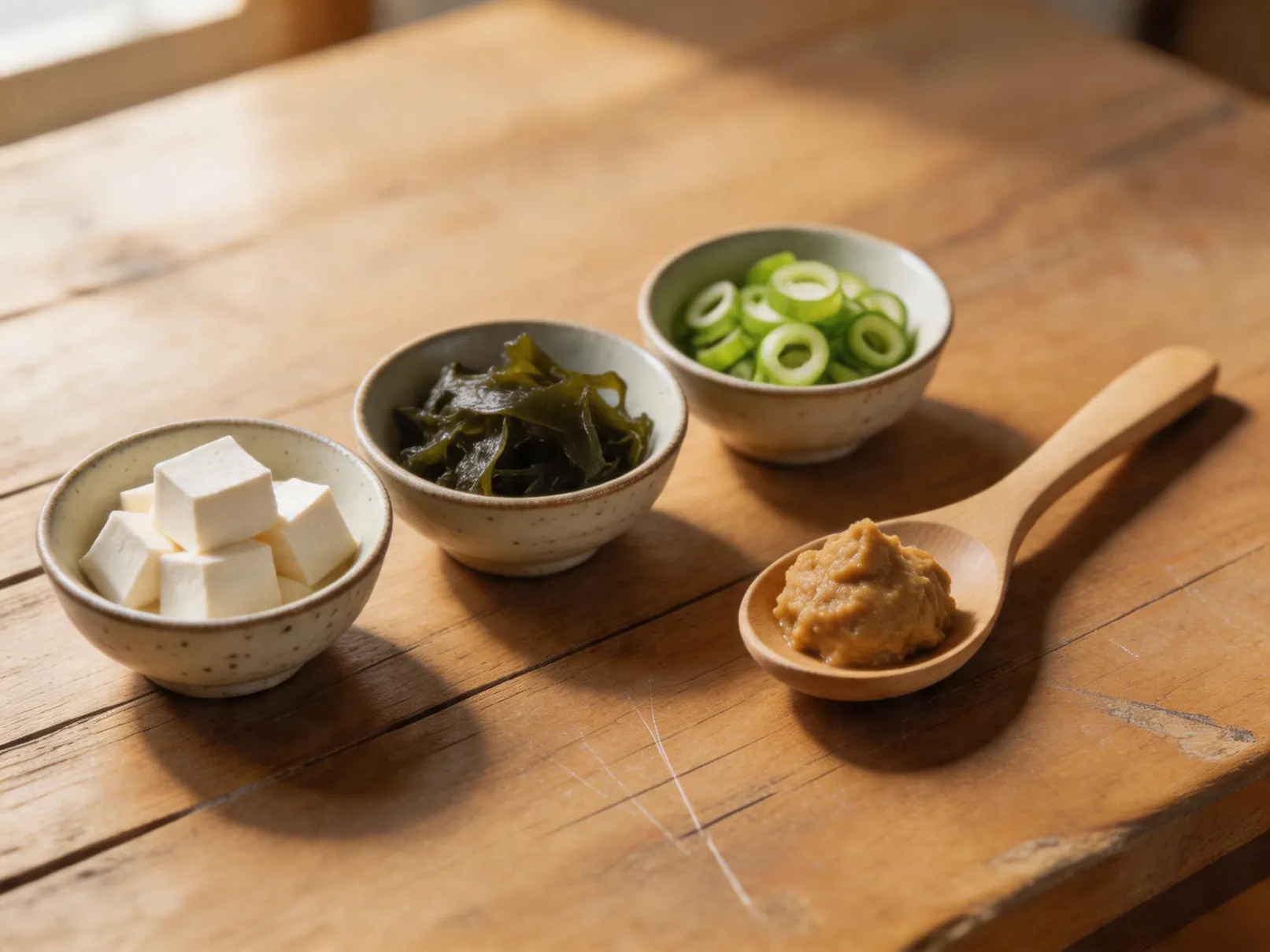 Ingrédients traditionnels pour la recette soupe miso : tofu, wakame, miso et dashi