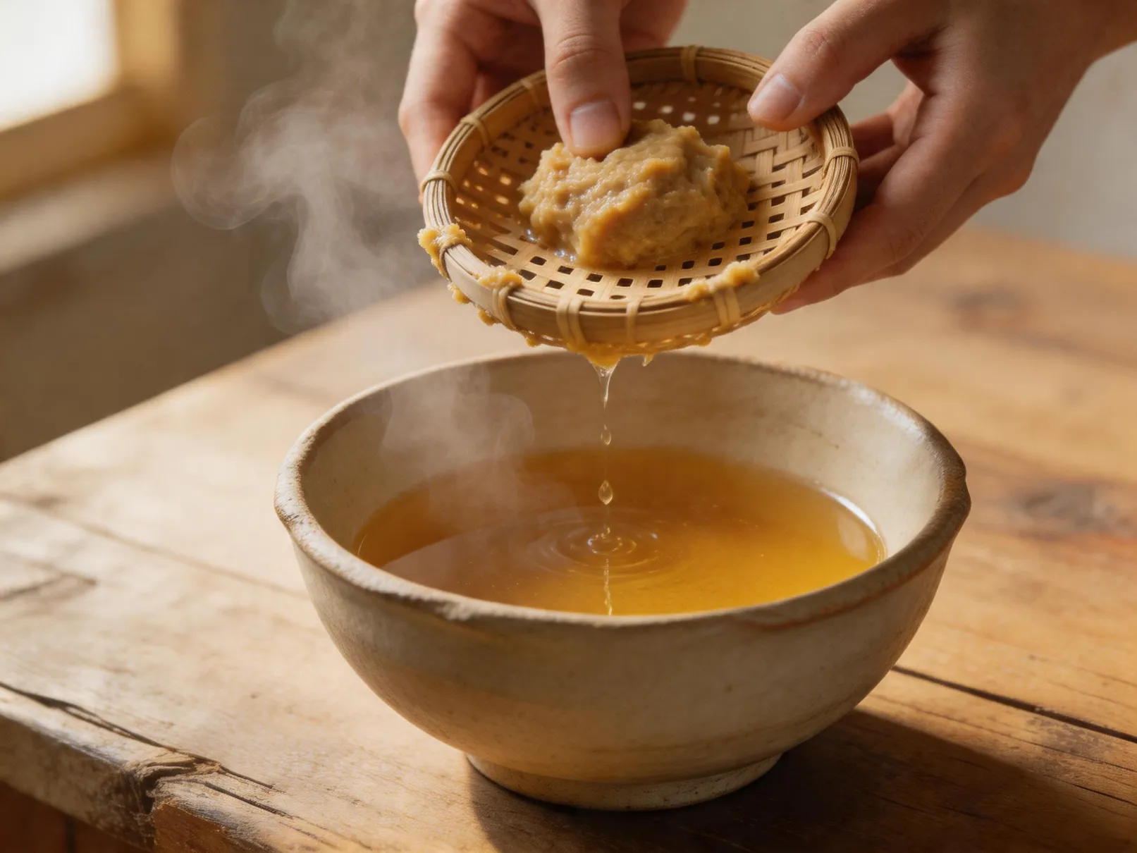 Dissolution de la pâte de miso dans le dashi chaud hors du feu pour la recette soupe miso