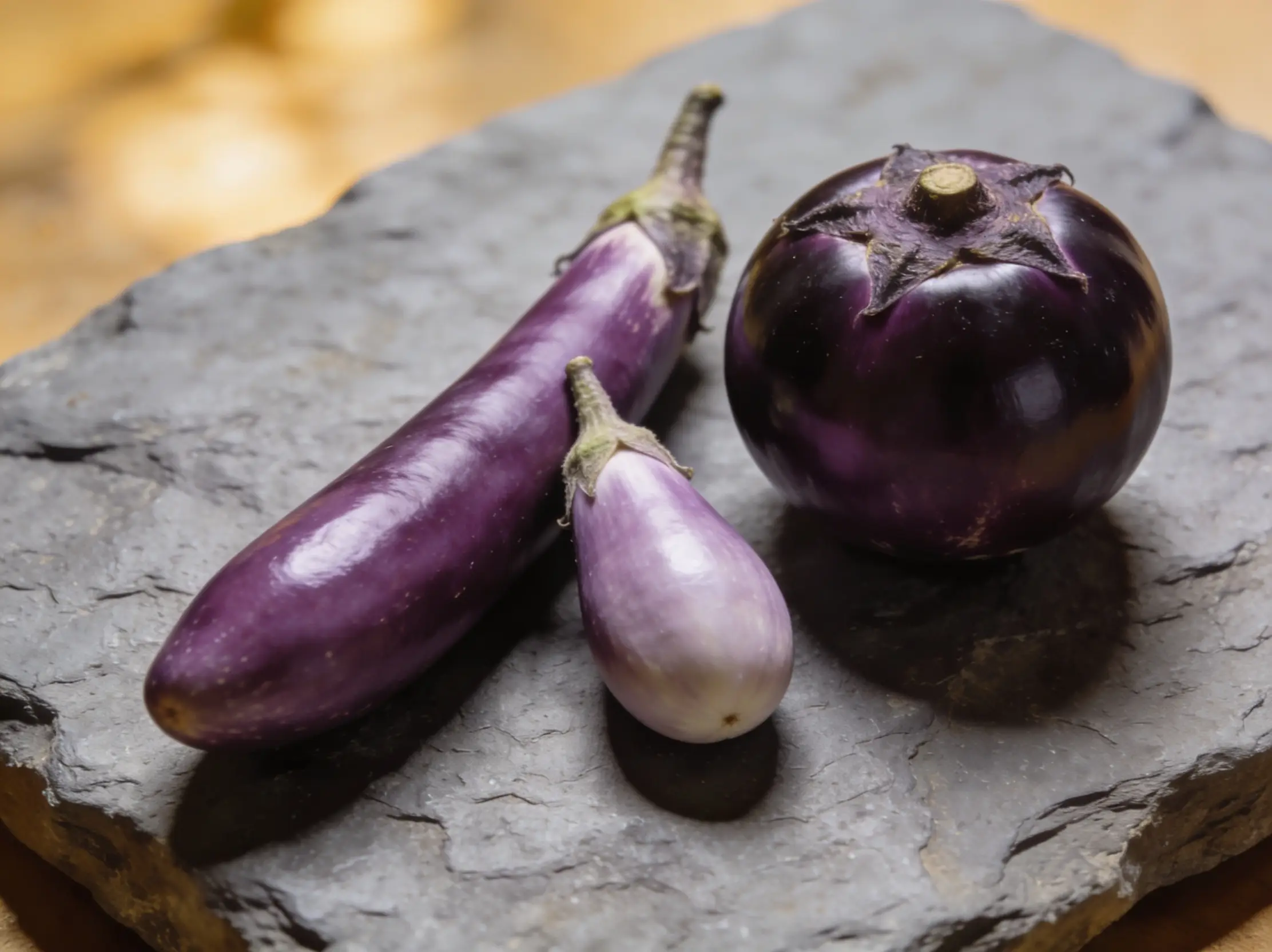 Différentes variétés d'aubergines japonaises : nasu allongée, kamo nasu ronde de Kyoto, aubergine blanche