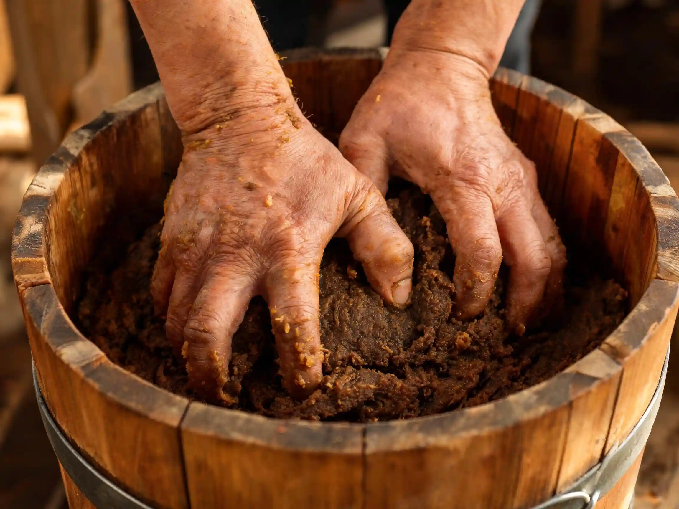Travail artisanal du miso — mains dans une cuve de fermentation
