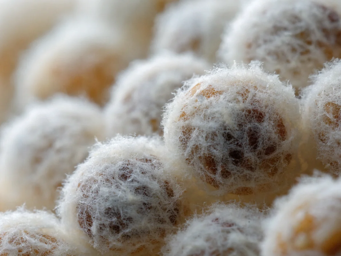 Gros plan sur des grains de riz koji couverts d'un mycélium blanc et duveteux