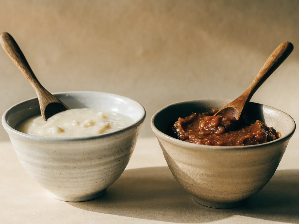 Comparatif visuel entre miso blanc et miso rouge dans des bols côte à côte