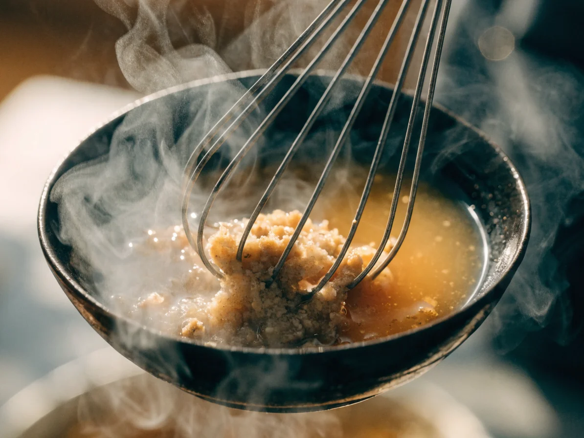Tare de miso mélangée au fouet dans une louche, grains de miso visibles