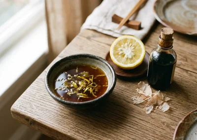Sauce ponzu maison servie dans un bol avec quartiers de yuzu et copeaux de katsuobushi