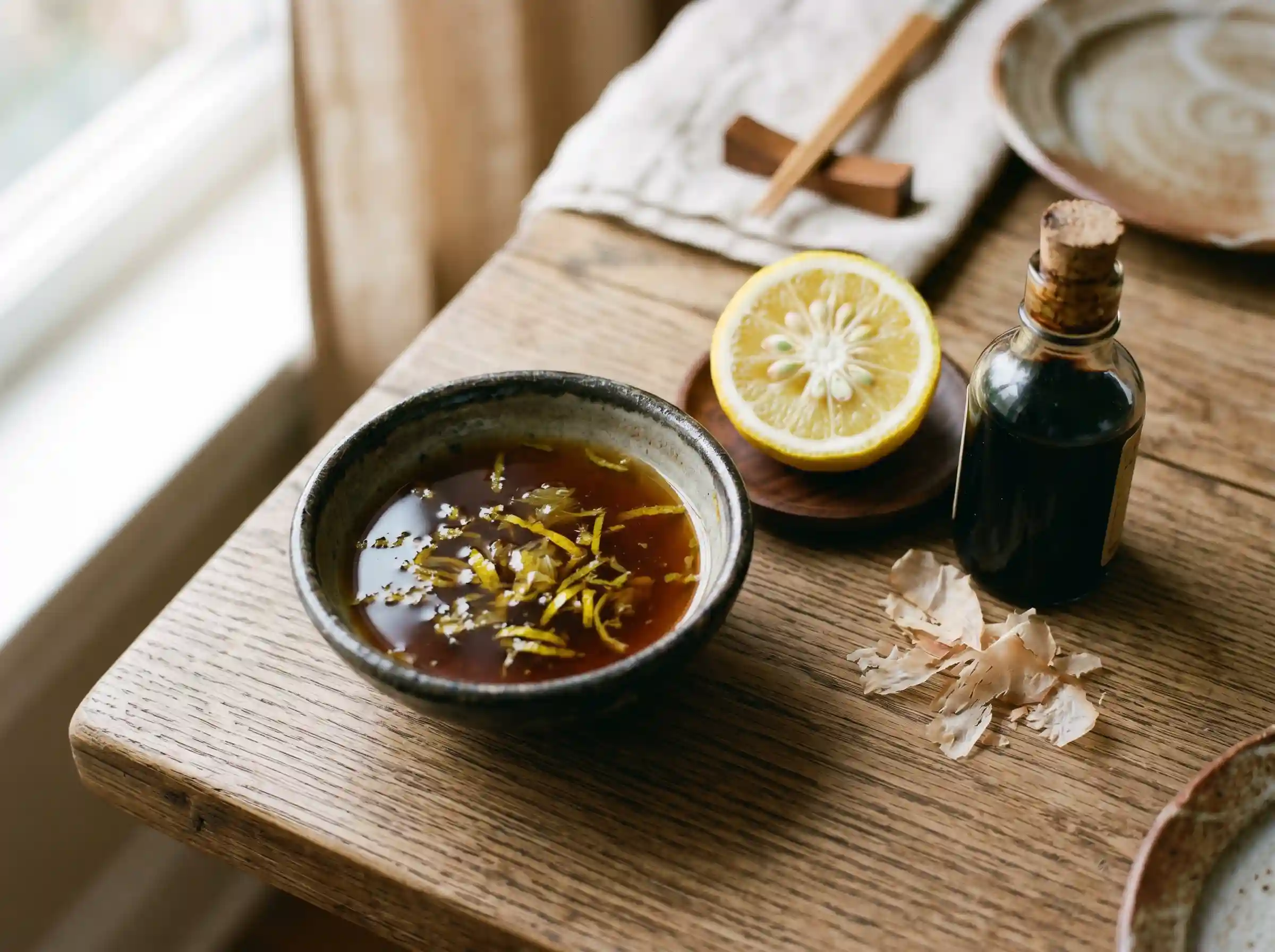 Sauce ponzu maison servie dans un bol avec quartiers de yuzu et copeaux de katsuobushi