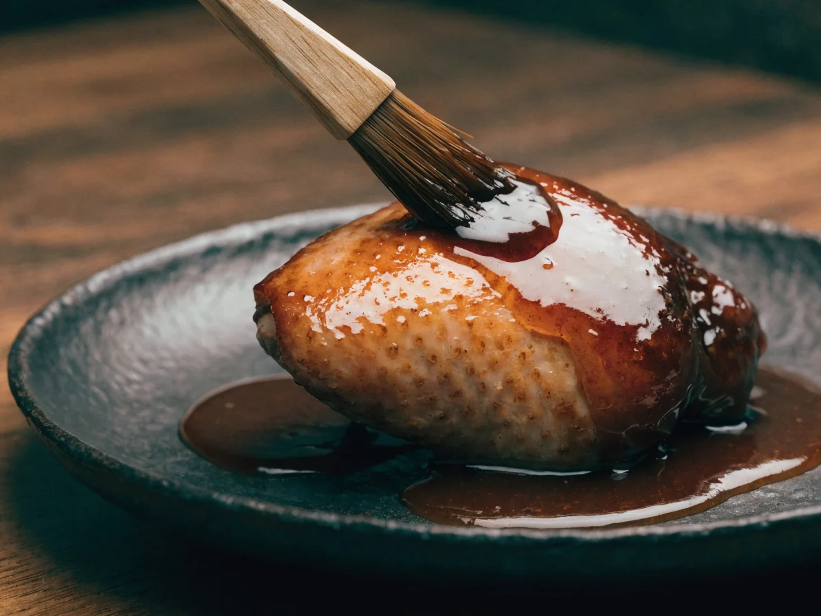 Sauce teriyaki maison brillante nappant une pièce de poulet grillée