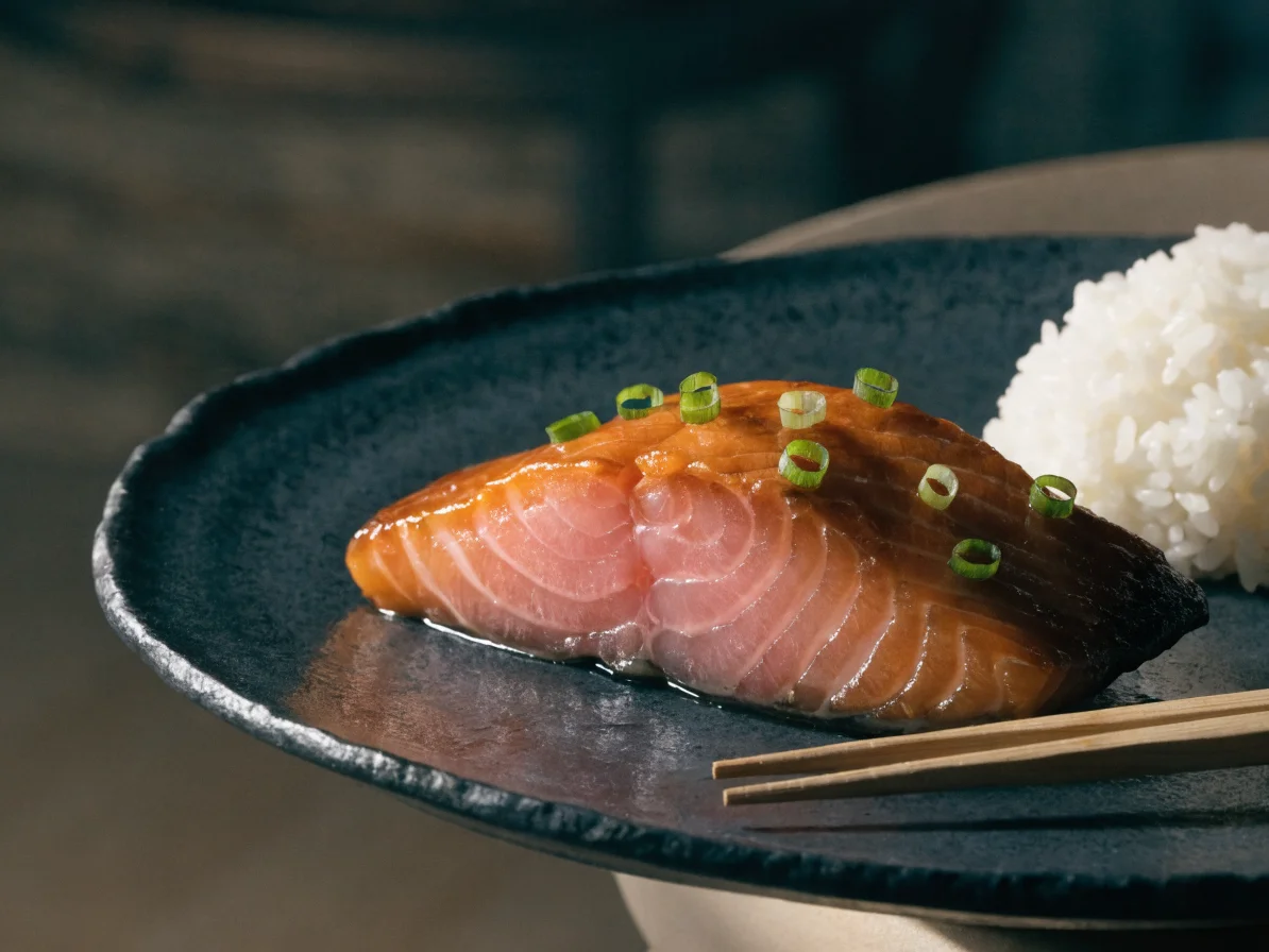 Pavé de saumon laqué au miso, doré et caramélisé, servi avec riz blanc