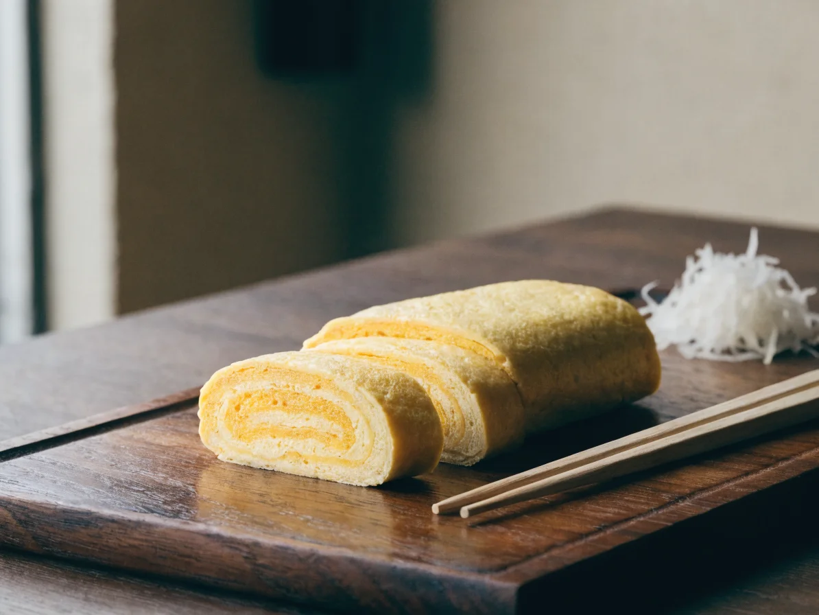 Tamagoyaki, omelette japonaise roulée, tranchée et servie