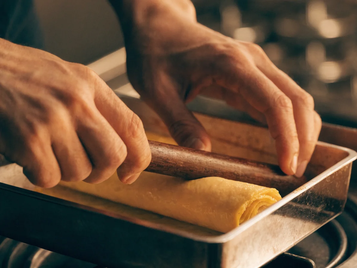 Geste de roulage du tamagoyaki dans une poêle rectangulaire japonaise, couches d'œuf dorées