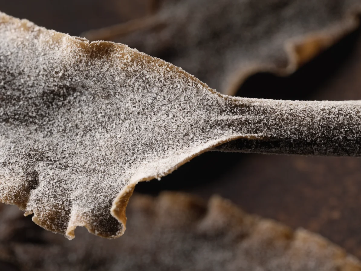 Gros plan sur une algue kombu séchée couverte d'un voile blanc de cristaux de glutamate