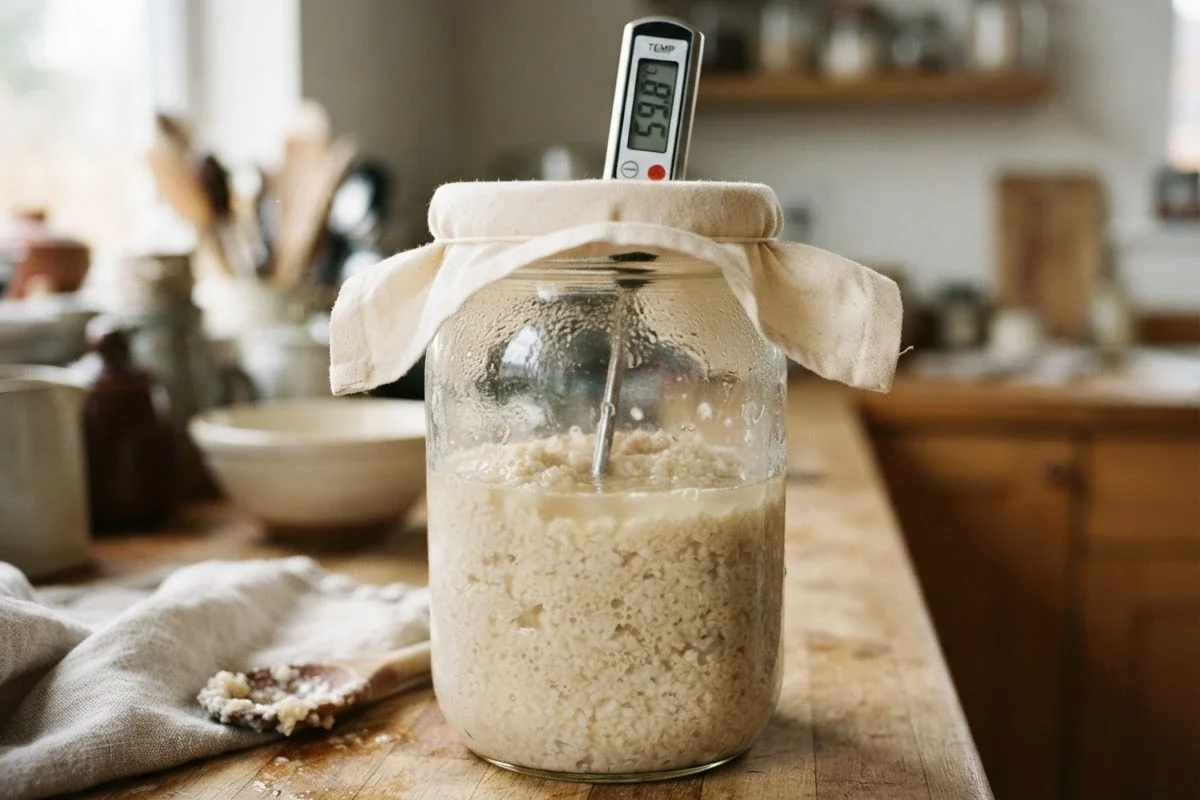Préparation d'amazake dans un cuiseur à riz ouvert, thermomètre de cuisine plongé dans la bouillie indiquant 58 °C