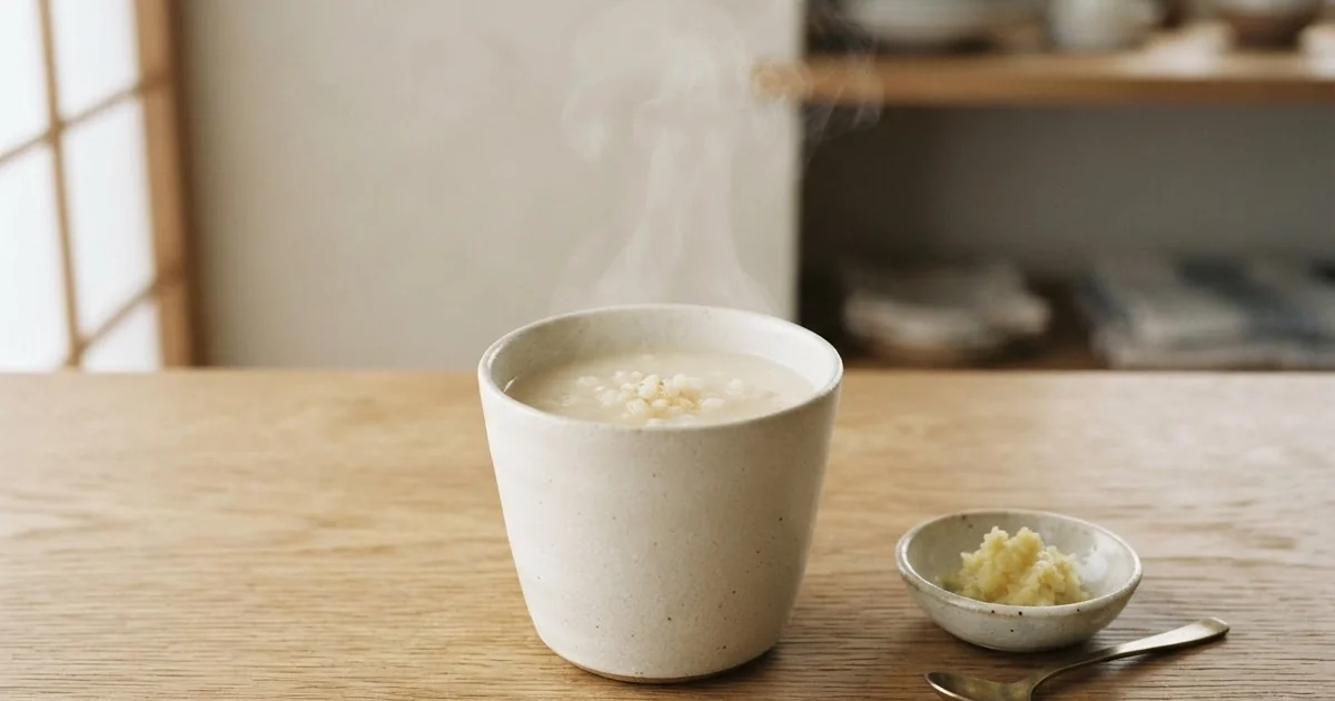 Bol d'amazake blanc et crémeux, quelques grains de koji de riz posés à côté, sur fond de papier washi