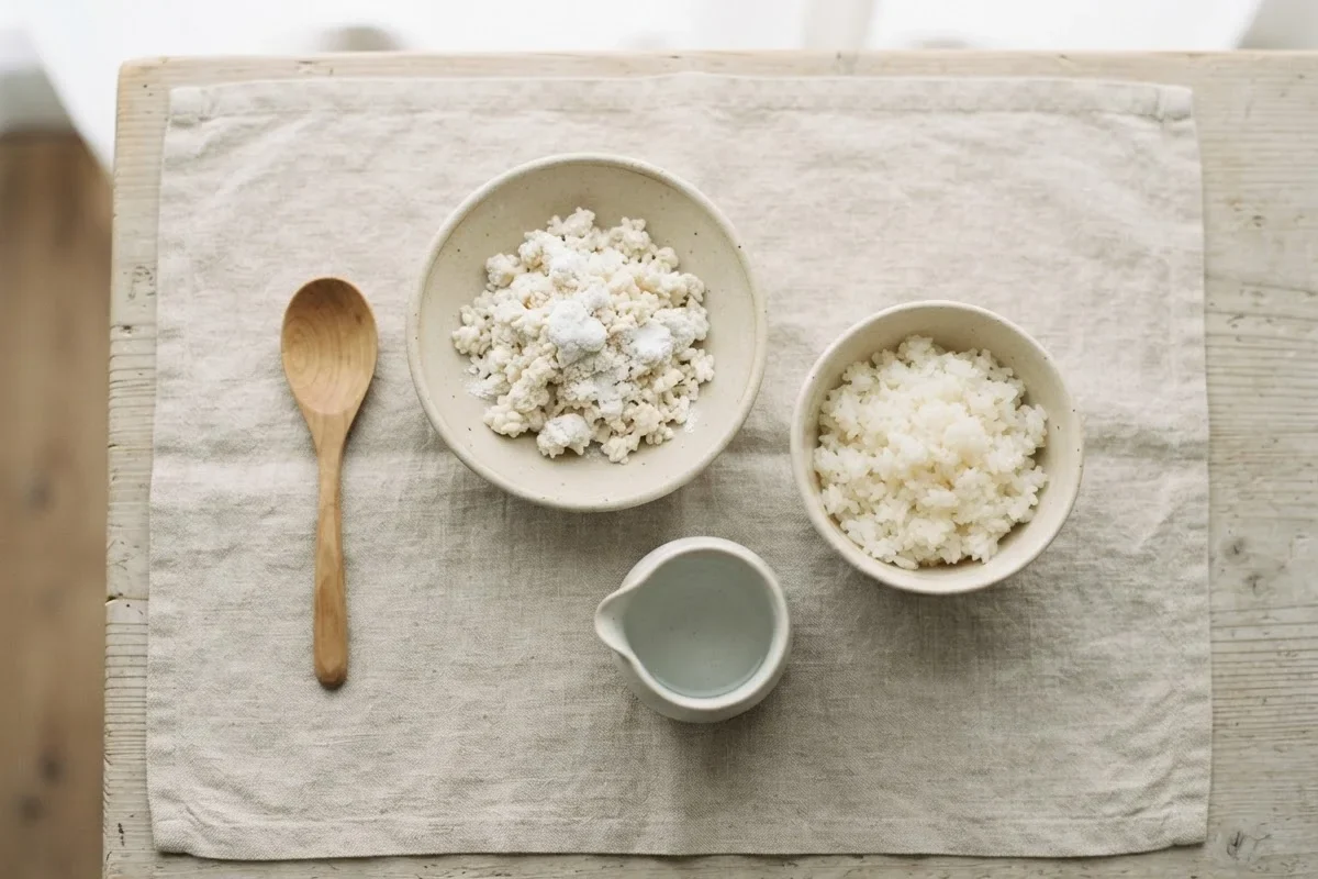 Ingrédients de l'amazake vus de dessus : koji de riz sec, bol de riz rond cuit et carafe d'eau