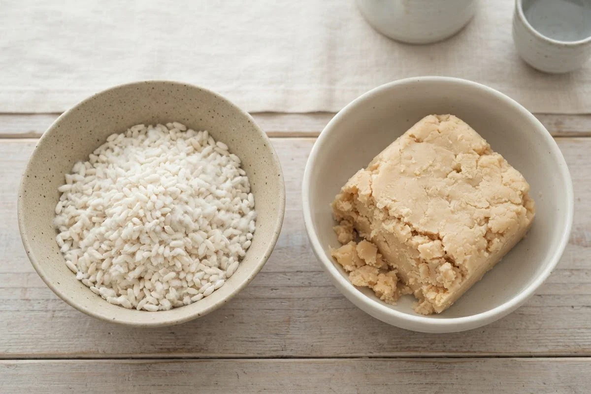 Deux verres d'amazake côte à côte : koji amazake laiteux avec grains de riz, et saké kasu amazake plus opaque